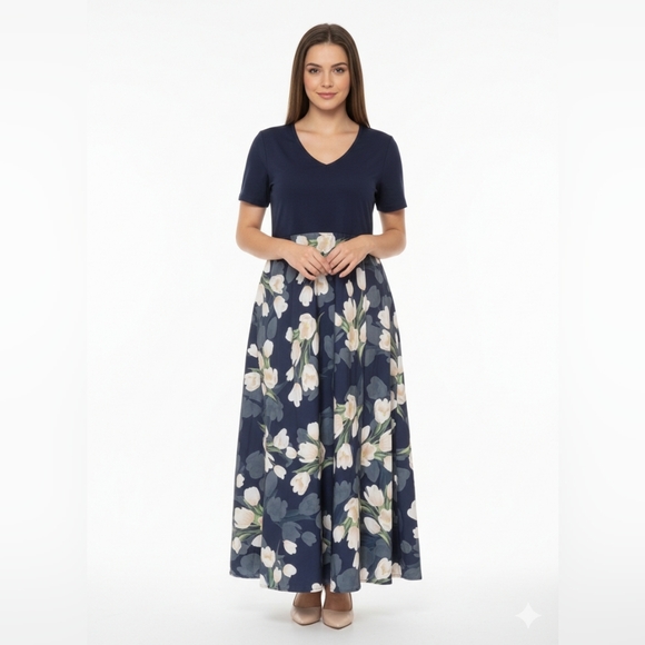 Exclusive Brand Dresses & Skirts - Exclusive‎ Brand Women's Large Navy Floral Maxi Short Sleeve Dress